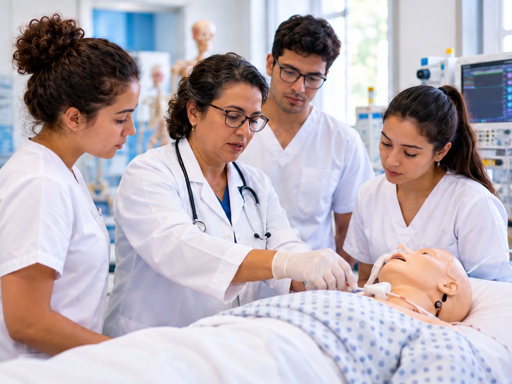 Simulação de enfermagem em laboratório — alunos e professora em prática clínica